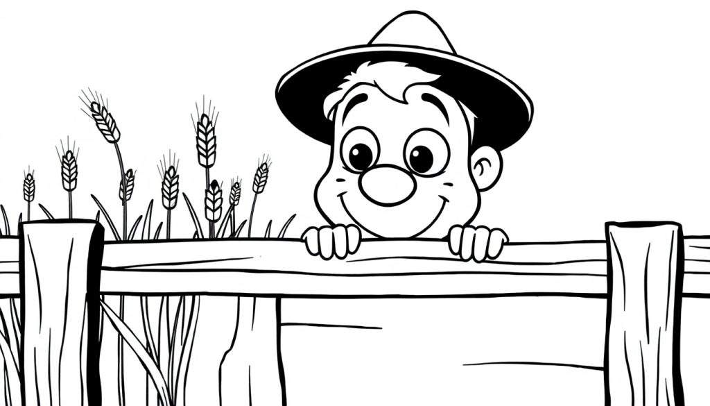 Kleurplaat van een boer met een ronde neus achter een hek, kijkend naar graanvelden.