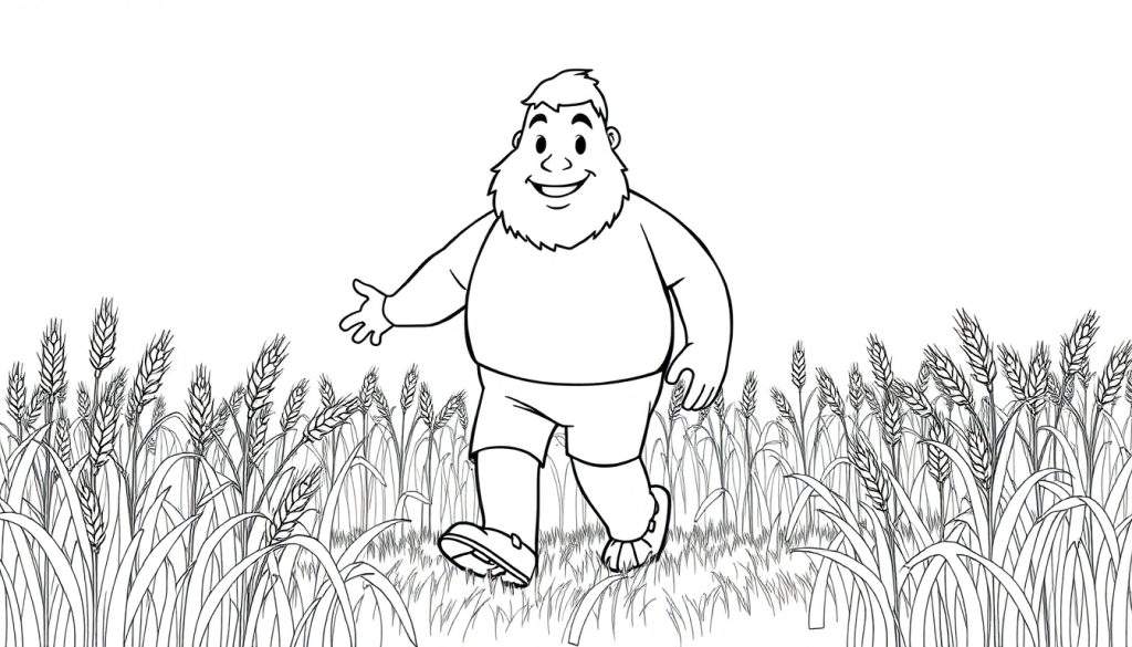 Kleurplaat van een vrolijke graandorser die zwaait in een graanveld.