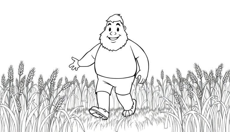 Kleurplaat van een vrolijke graandorser die zwaait in een graanveld.