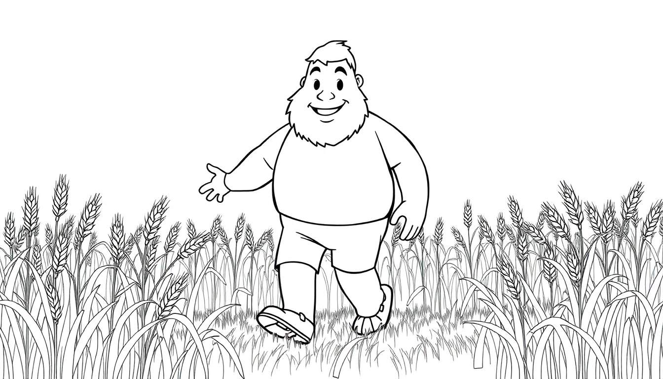 Kleurplaat van een vrolijke graandorser die zwaait in een graanveld.