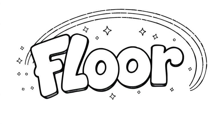 Kleurplaat van het woord Floor in speelse letters met sterretjes en vierkantjes.