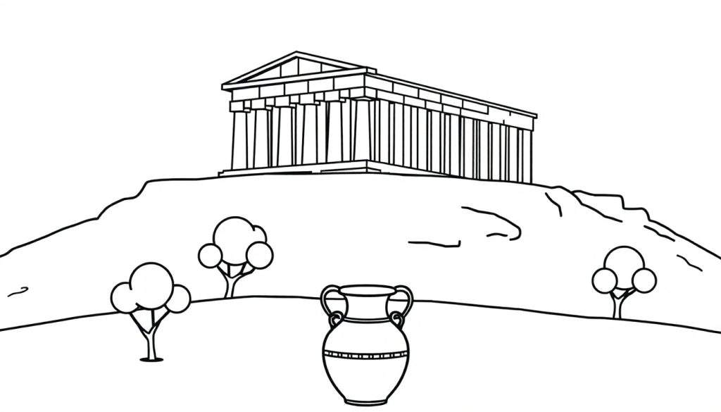 Kleurplaat van een Griekse tempel op een heuvel met gestileerde boompjes en een amfora op de voorgrond.