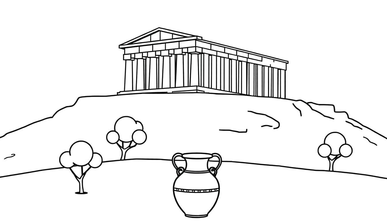 Kleurplaat van een Griekse tempel op een heuvel met gestileerde boompjes en een amfora op de voorgrond.