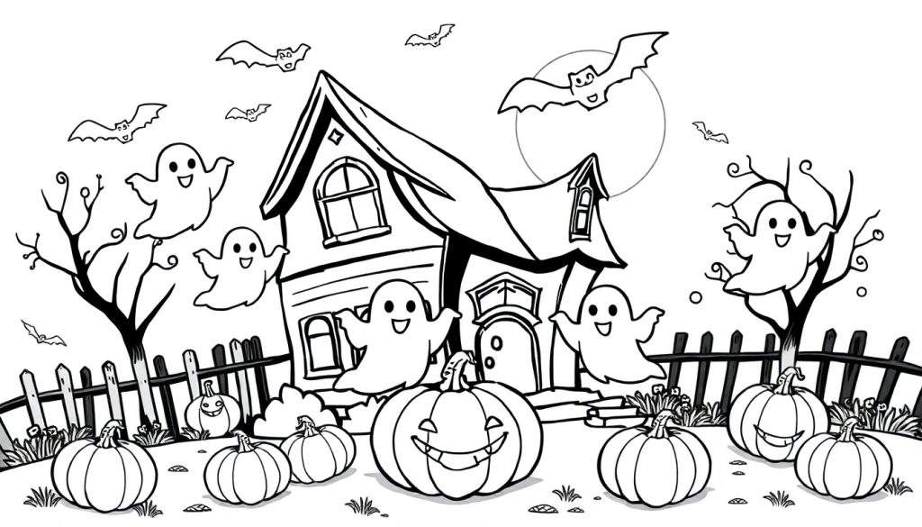 Kleurplaat van een griezelig spookhuis met pompoenen, vleermuizen en geesten.