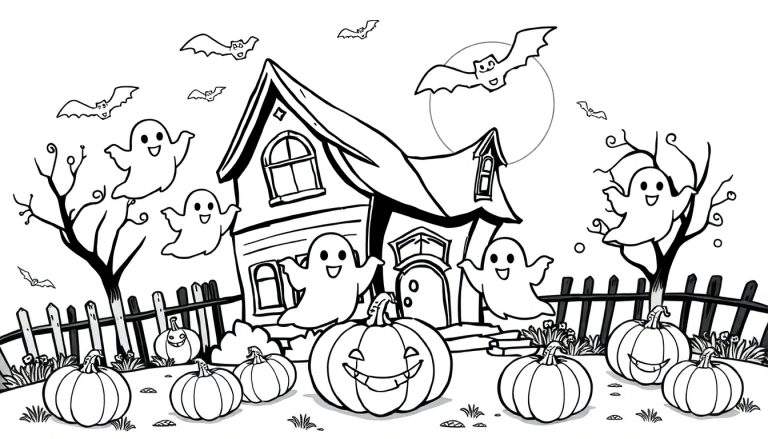 Kleurplaat van een griezelig spookhuis met pompoenen, vleermuizen en geesten.