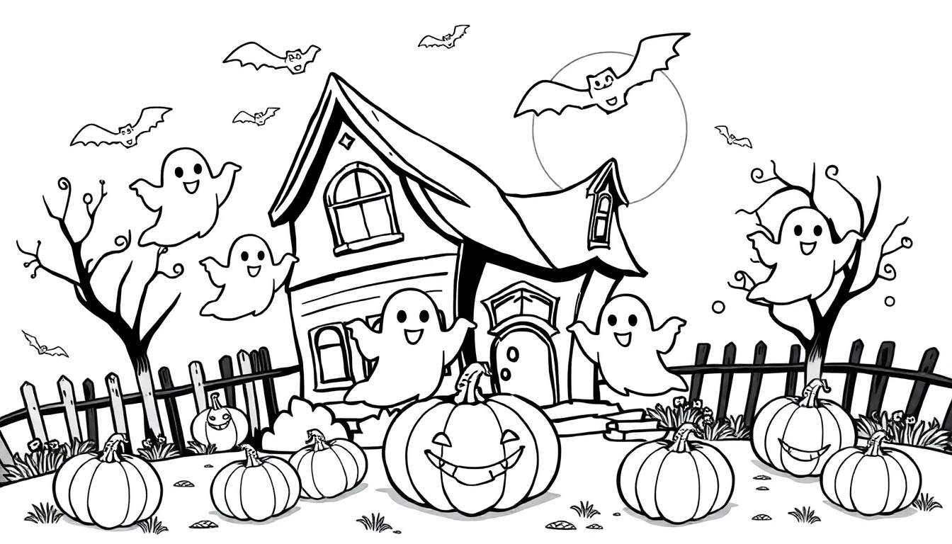 Kleurplaat van een griezelig spookhuis met pompoenen, vleermuizen en geesten.