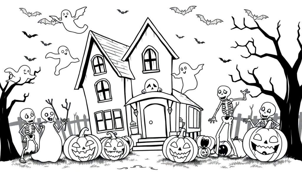 Kleurplaat van een spookhuis met pompoenen, skeletten en geesten.
