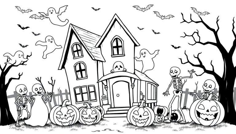 Kleurplaat van een spookhuis met pompoenen, skeletten en geesten.