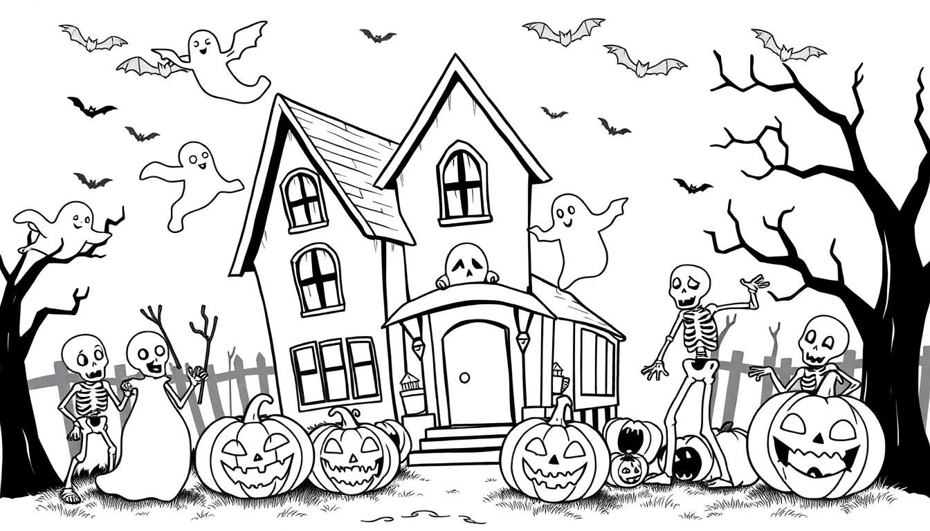 Kleurplaat van een spookhuis met pompoenen, skeletten en geesten.