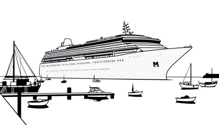 Kleurplaat van een groot cruiseschip met een M erop, omringd door kleinere boten in de haven.