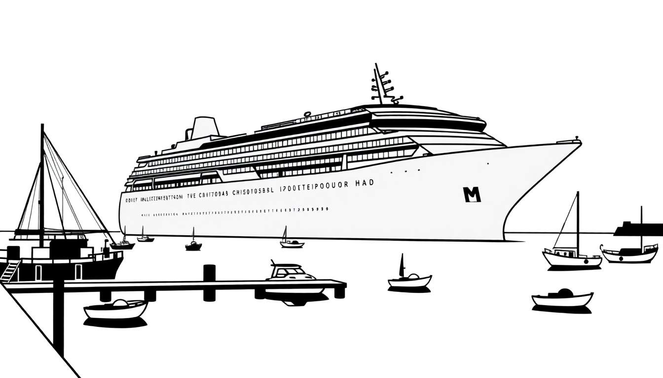 Kleurplaat van een groot cruiseschip met een M erop, omringd door kleinere boten in de haven.