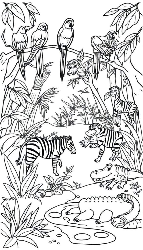 Kleurplaat van een tropisch regenwoud met veel dieren, inclusief vogels, zebra's, krokodillen en apen.