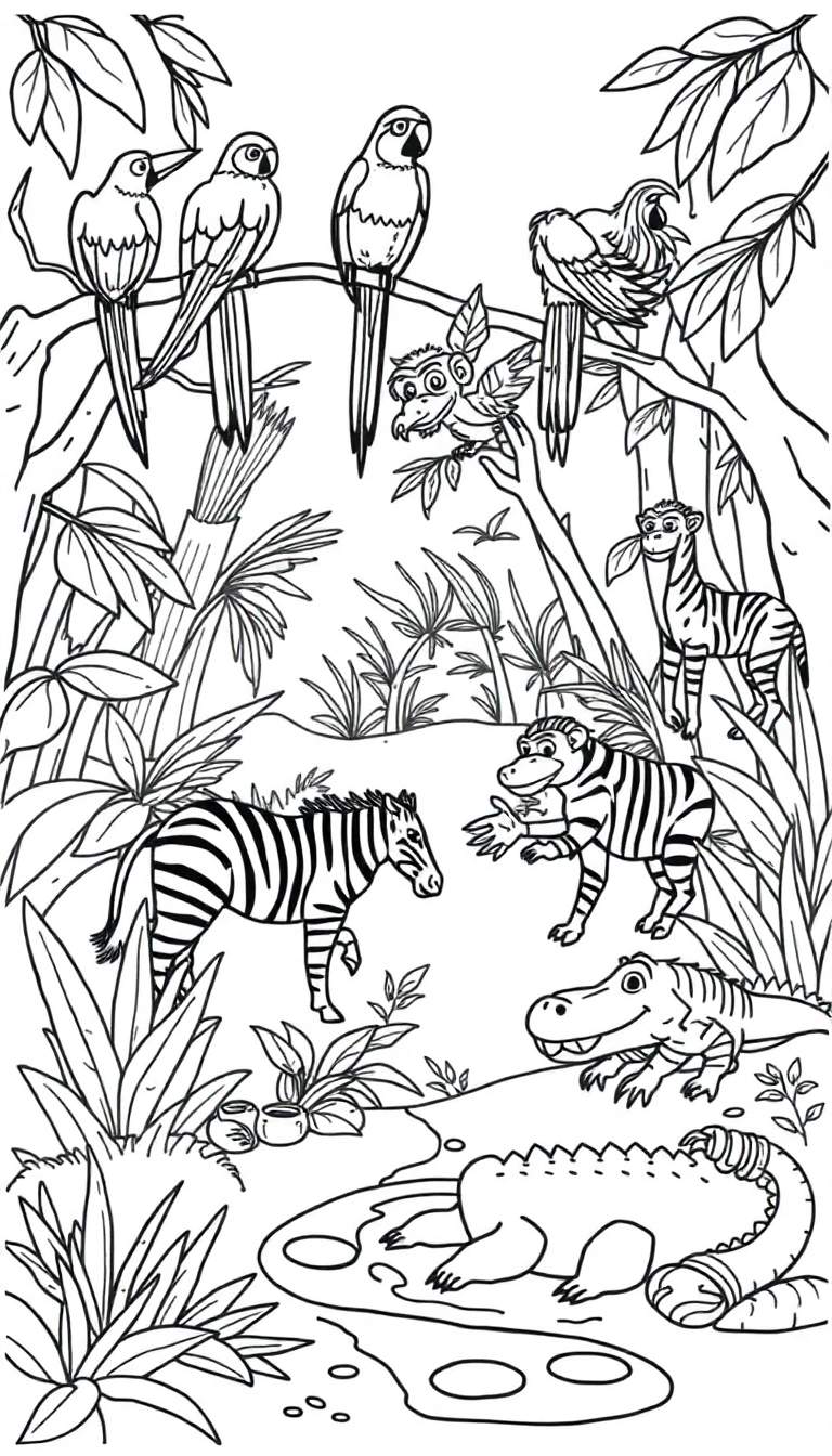 Kleurplaat van een tropisch regenwoud met veel dieren, inclusief vogels, zebra's, krokodillen en apen.