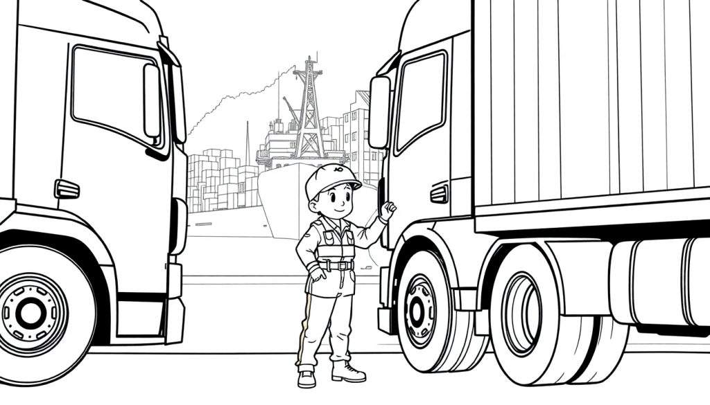 Kleurplaat van een haven met een jongen die vrachtwagens begeleidt.