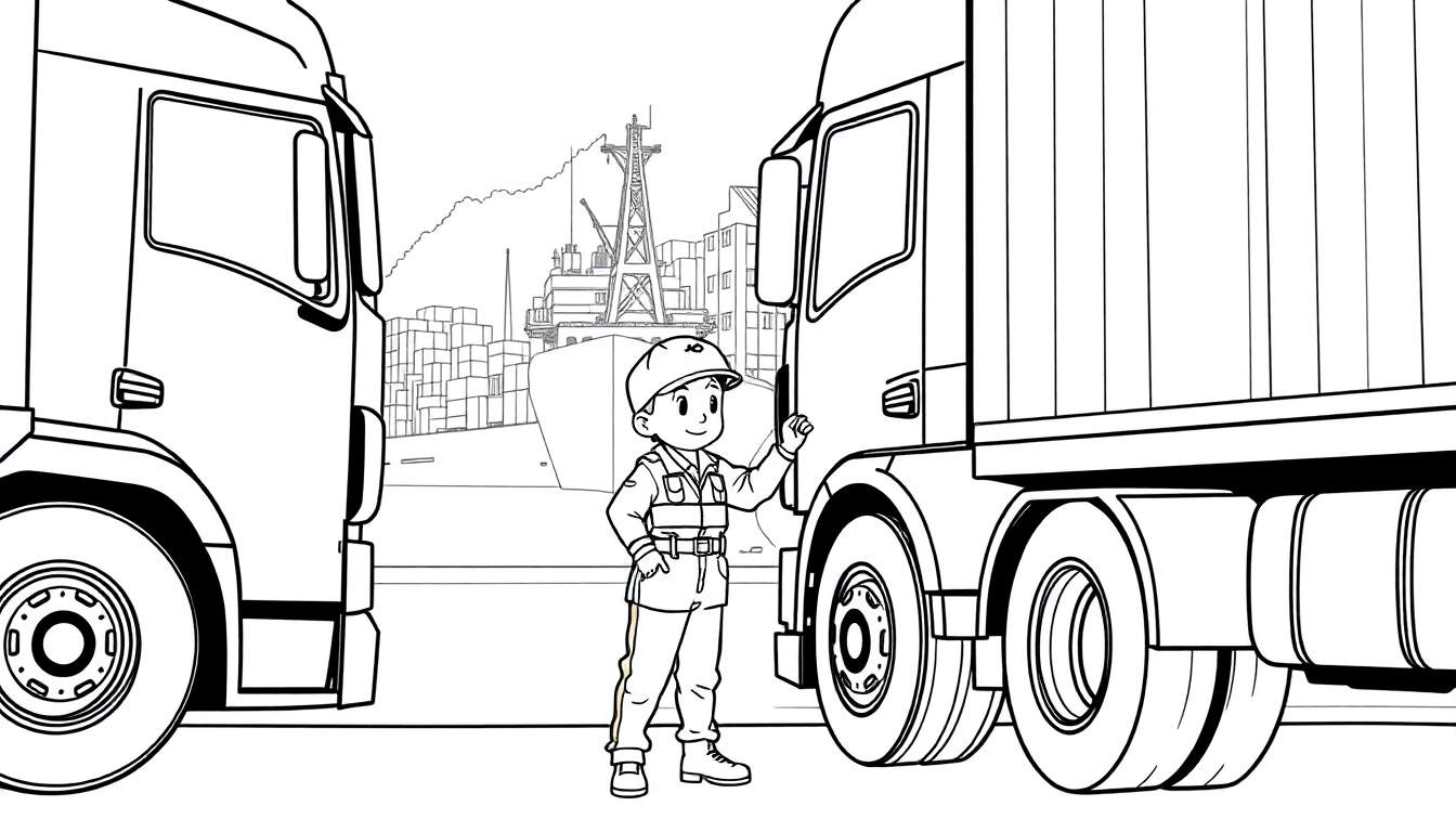 Kleurplaat van een haven met een jongen die vrachtwagens begeleidt.