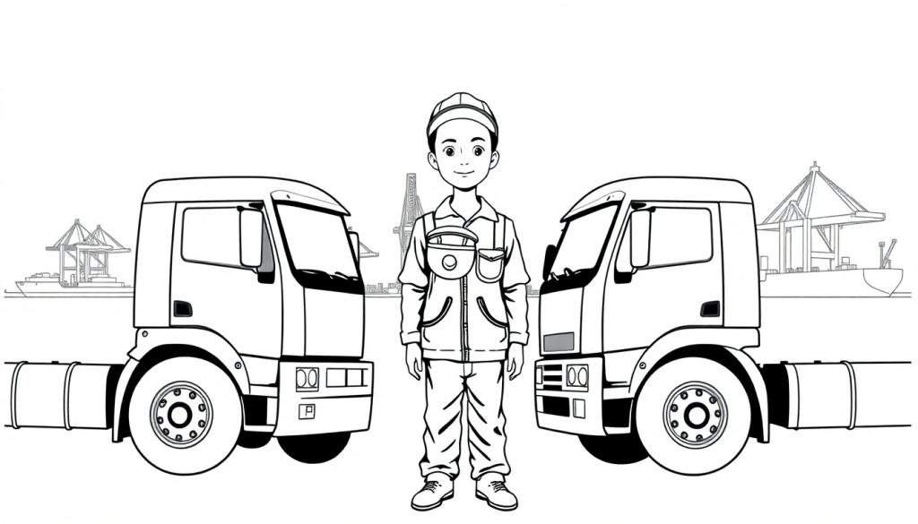 Kleurplaat van een havenarbeider tussen twee vrachtwagens in de haven.