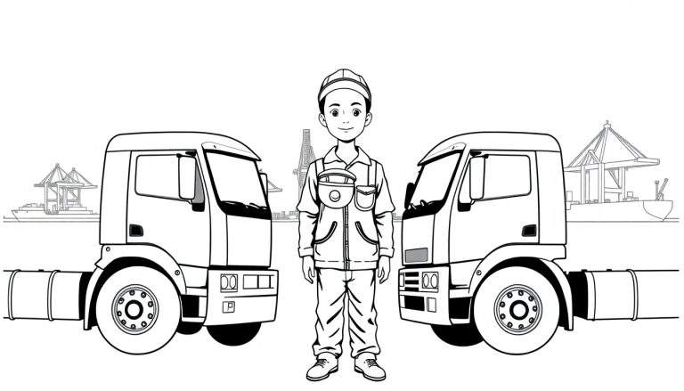 Kleurplaat van een havenarbeider tussen twee vrachtwagens in de haven.