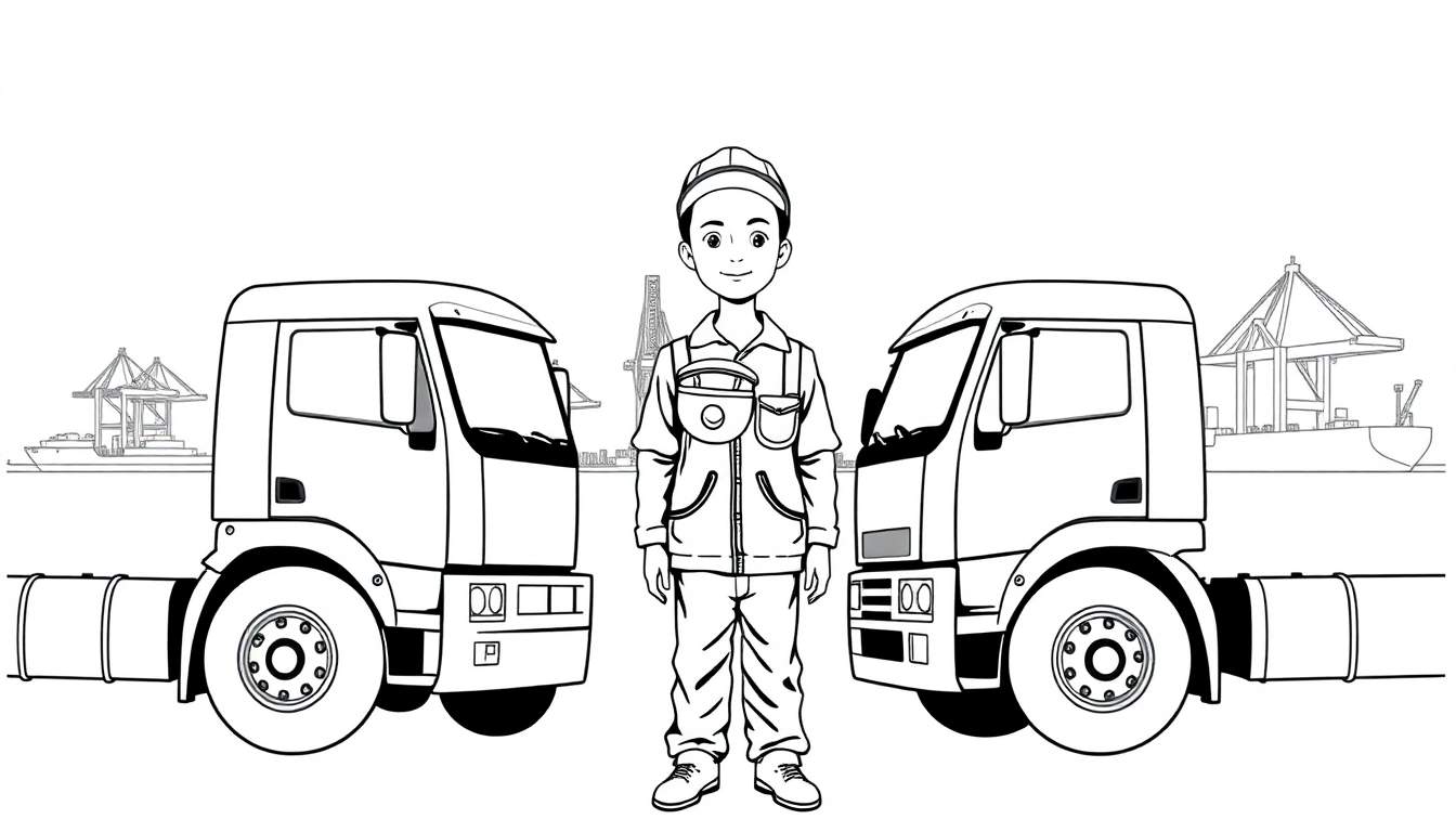 Kleurplaat van een havenarbeider tussen twee vrachtwagens in de haven.