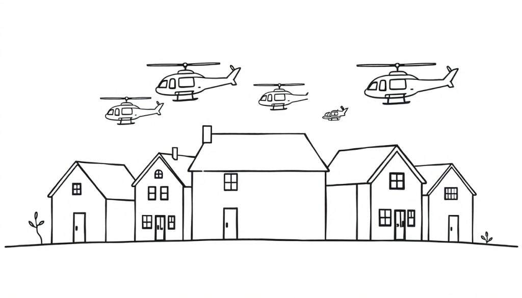 Kleurplaat van huizen met helikopters, eenvoudige tekenstijl.