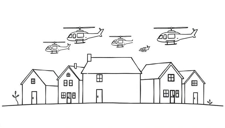 Kleurplaat van huizen met helikopters, eenvoudige tekenstijl.