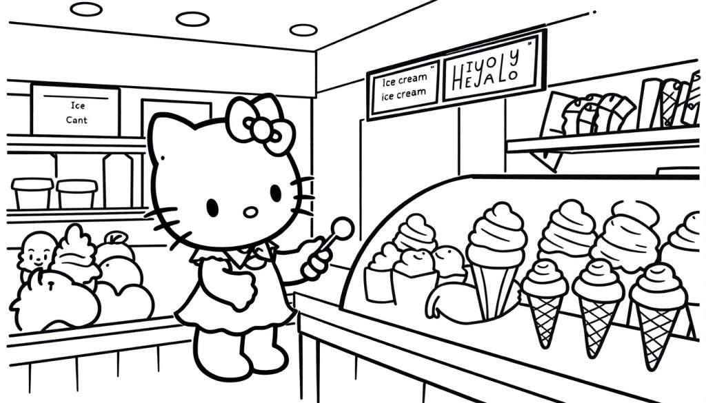 Kleurplaat van Hello Kitty die ijs kiest in een ijssalon.