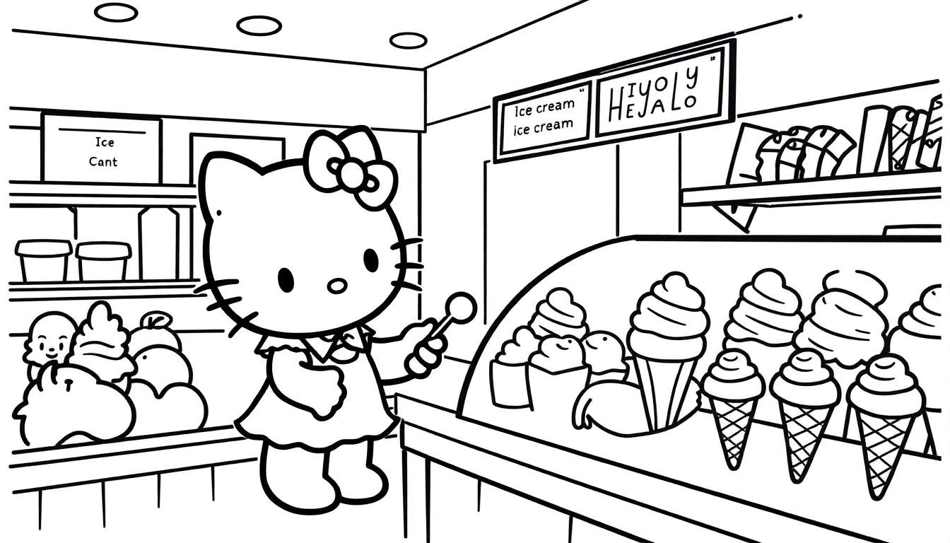 Kleurplaat van Hello Kitty die ijs kiest in een ijssalon.