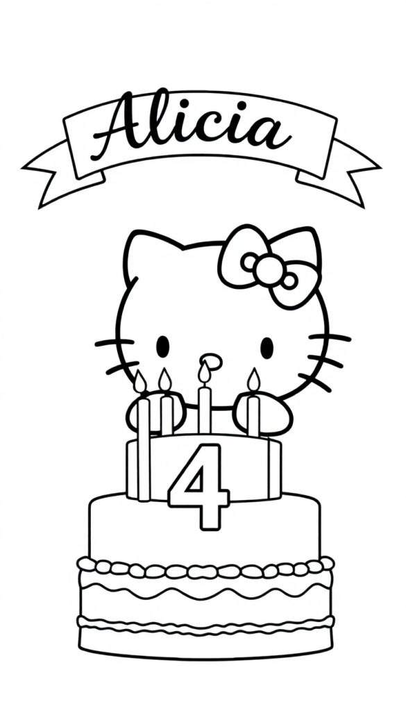 Hello Kitty kleurplaat met de tekst Alicia 4 op een verjaardagstaart.