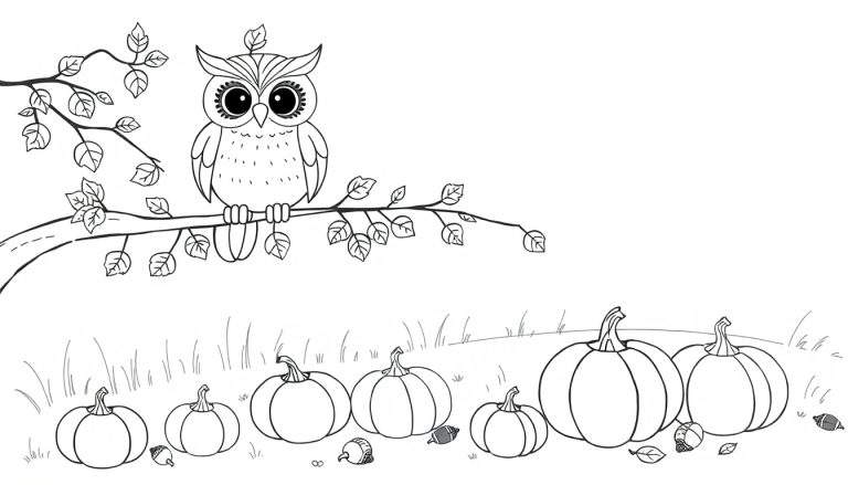 Een zwart-wit kleurplaat van een uil op een tak met bladeren, pompoenen en eikels.