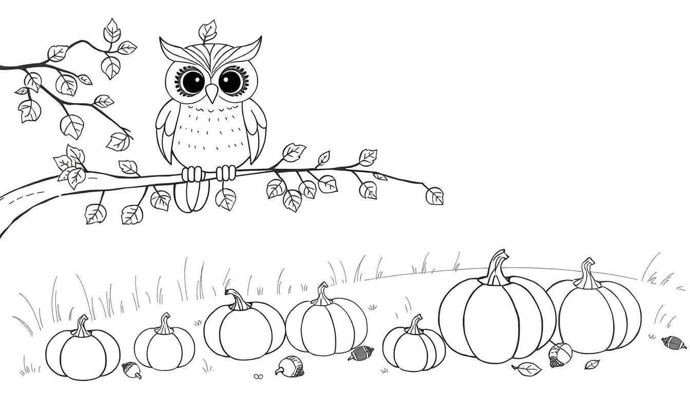 Een zwart-wit kleurplaat van een uil op een tak met bladeren, pompoenen en eikels.