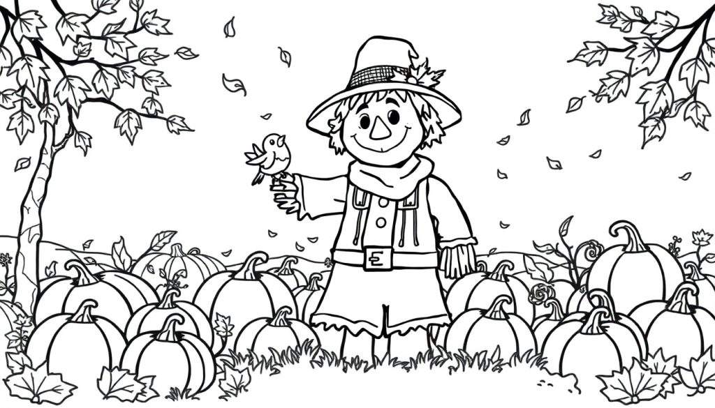 Kleurplaat van een vogelverschrikker met een vogeltje op zijn hand, omringd door pompoenen en vallende bladeren.