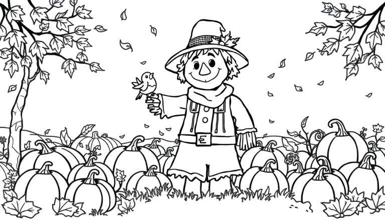 Kleurplaat van een vogelverschrikker met een vogeltje op zijn hand, omringd door pompoenen en vallende bladeren.