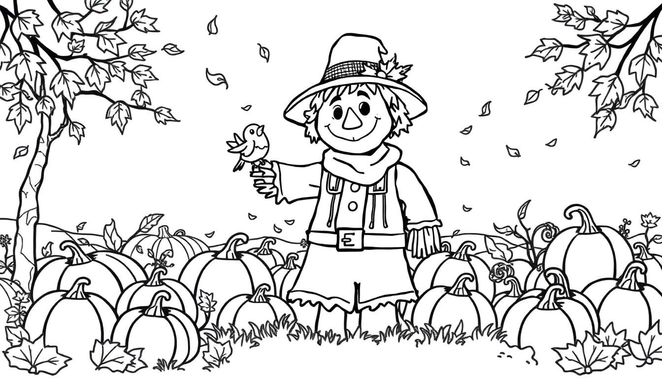 Kleurplaat van een vogelverschrikker met een vogeltje op zijn hand, omringd door pompoenen en vallende bladeren.