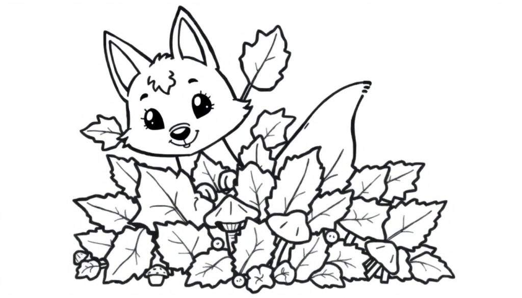 Zwart-wit kleurplaat van een schattige cartoonvos in herfstbladeren.