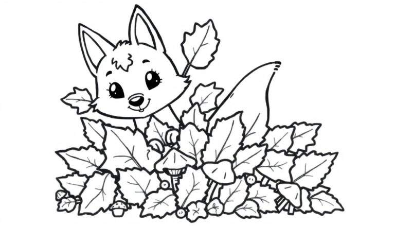 Zwart-wit kleurplaat van een schattige cartoonvos in herfstbladeren.