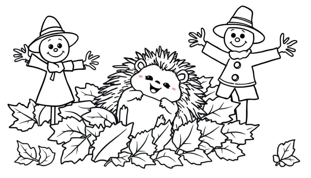 Zwart-wit kleurplaat van een lachende egel tussen bladeren, met twee vogelverschrikkers aan weerszijden.