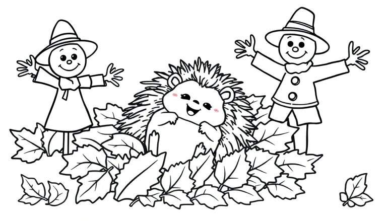 Zwart-wit kleurplaat van een lachende egel tussen bladeren, met twee vogelverschrikkers aan weerszijden.