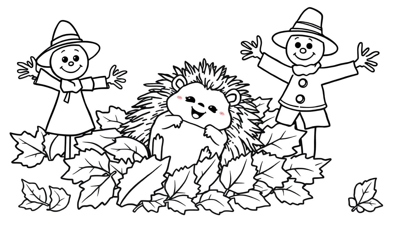 Zwart-wit kleurplaat van een lachende egel tussen bladeren, met twee vogelverschrikkers aan weerszijden.