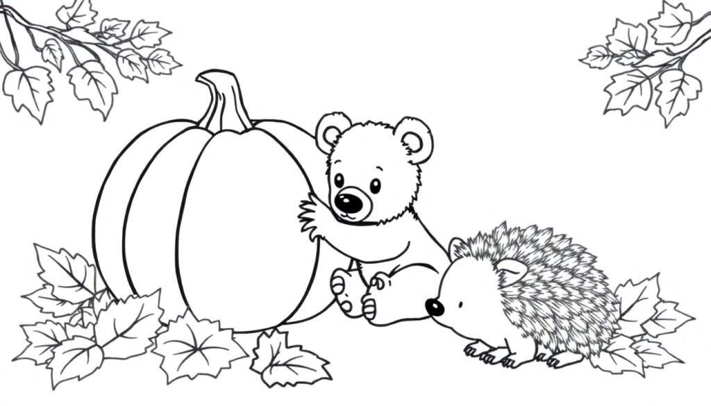 Zwart-witte kleurplaat van een herfstscène met een pompoen, teddybeer en egel.