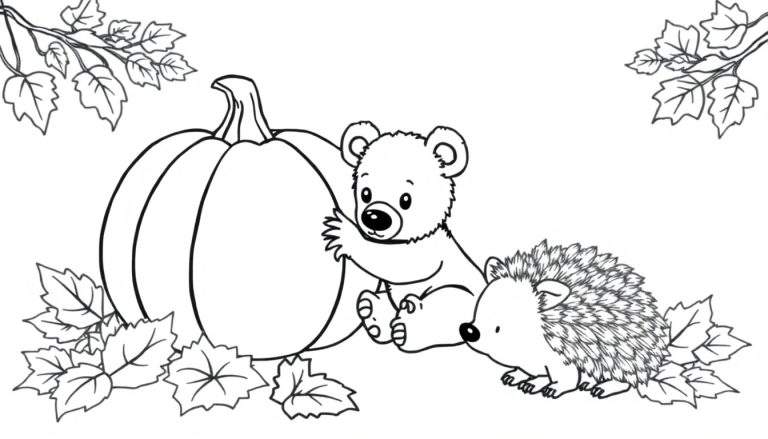 Zwart-witte kleurplaat van een herfstscène met een pompoen, teddybeer en egel.