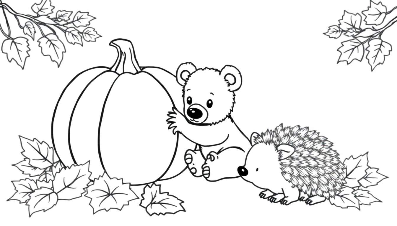 Zwart-witte kleurplaat van een herfstscène met een pompoen, teddybeer en egel.