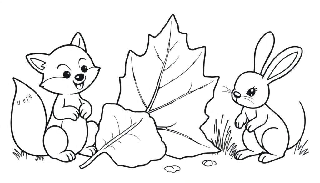 Zwart-witte kleurplaat van een vrolijke vos, een groot herfstblad en een konijn.