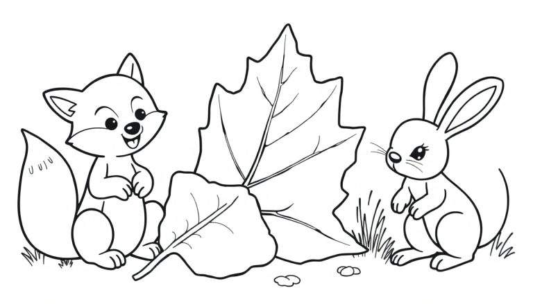 Zwart-witte kleurplaat van een vrolijke vos, een groot herfstblad en een konijn.