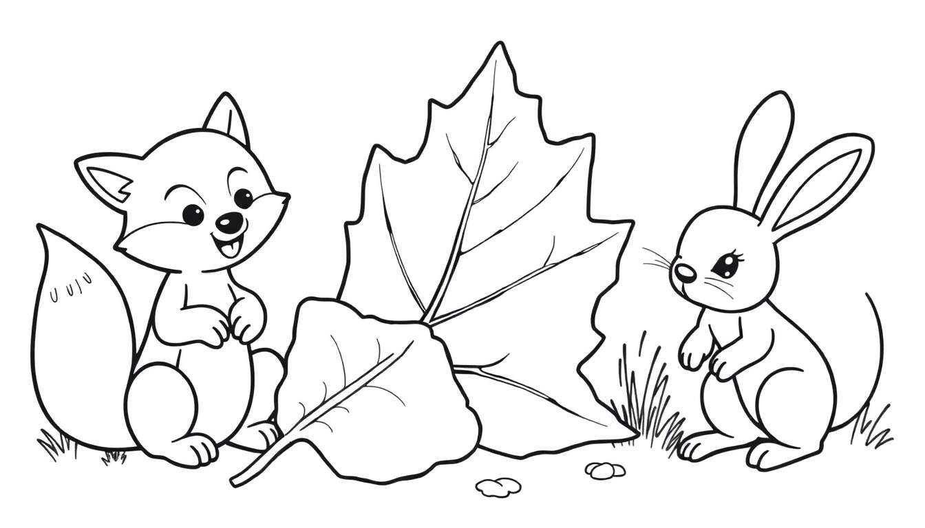 Zwart-witte kleurplaat van een vrolijke vos, een groot herfstblad en een konijn.
