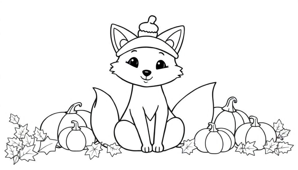 Zwart-wit kleurplaat van een schattige vos met muts tussen pompoenen en bladeren.