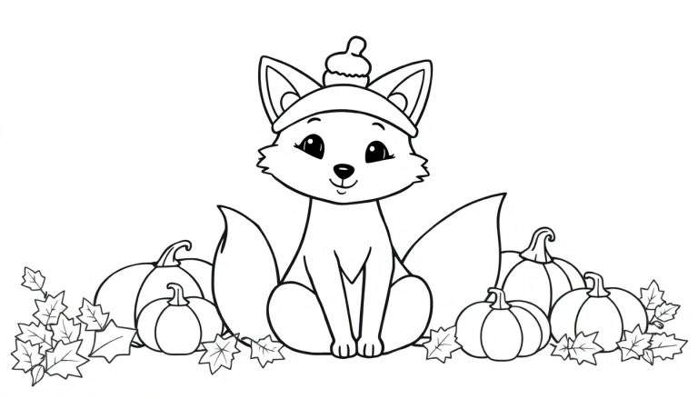 Zwart-wit kleurplaat van een schattige vos met muts tussen pompoenen en bladeren.