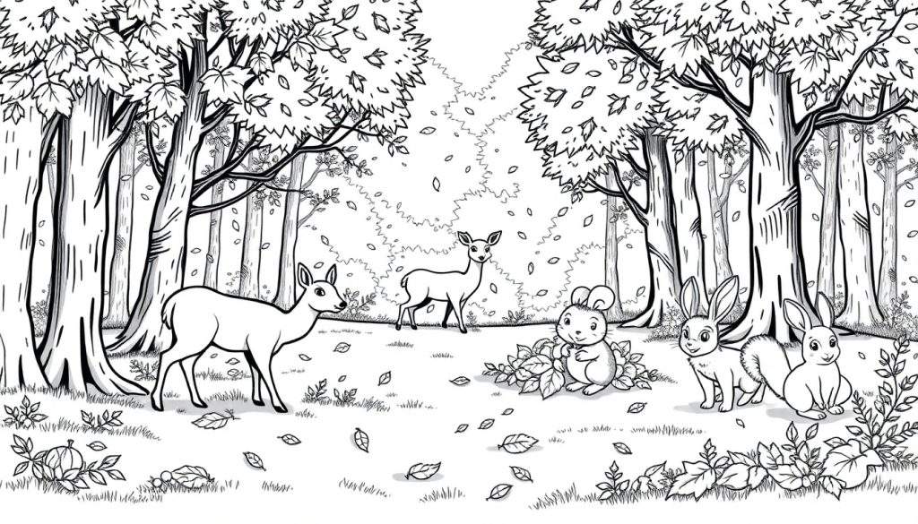 Een kleurplaat van een boslandschap in de herfst met herten en konijnen.