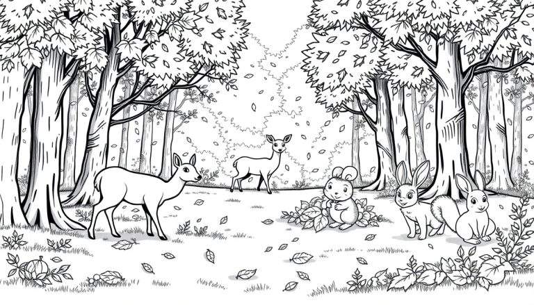 Een kleurplaat van een boslandschap in de herfst met herten en konijnen.