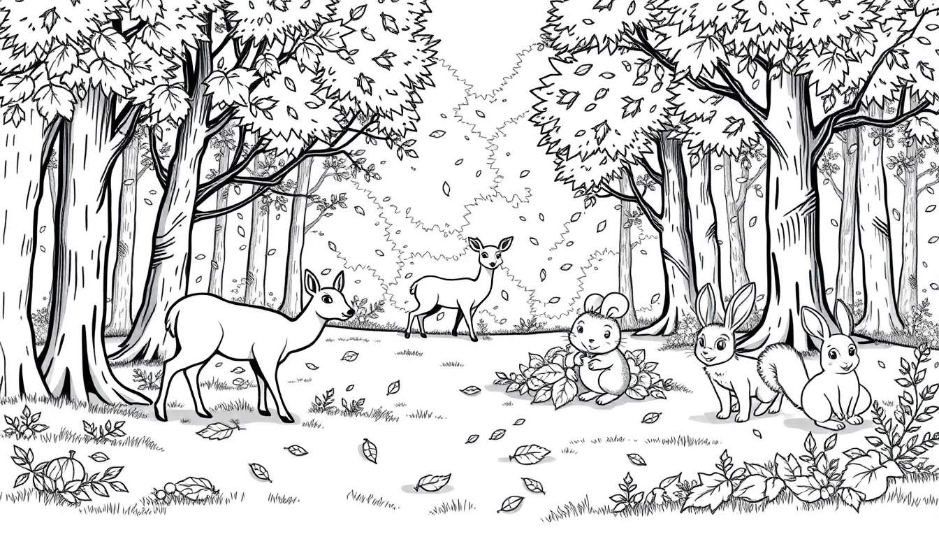 Een kleurplaat van een boslandschap in de herfst met herten en konijnen.