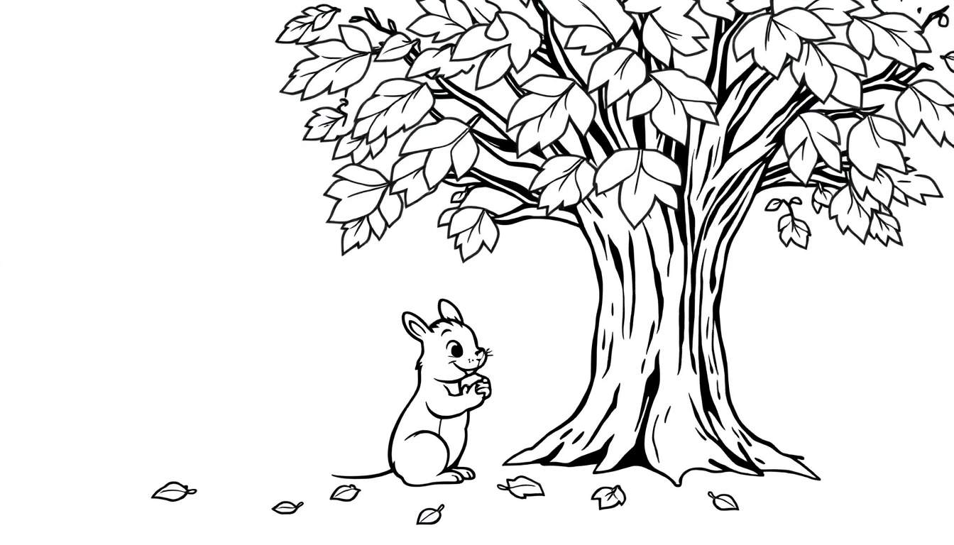 Een zwart-wit kleurplaat van een schattige eekhoorn in de herfst met een boom en bladeren.