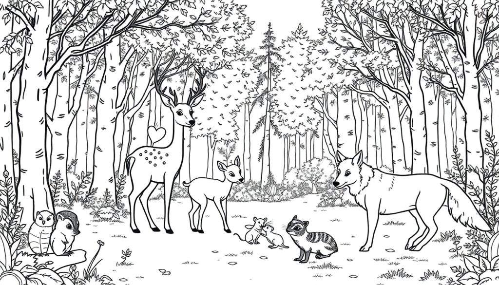 Een kleurplaat van een herfstbos vol dieren met een gezin dat wandelt.